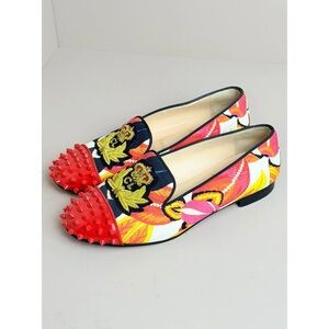 Christian Louboutin Laris Embroidered Crest Red Spikes Cap Toe Flats Loafers 8